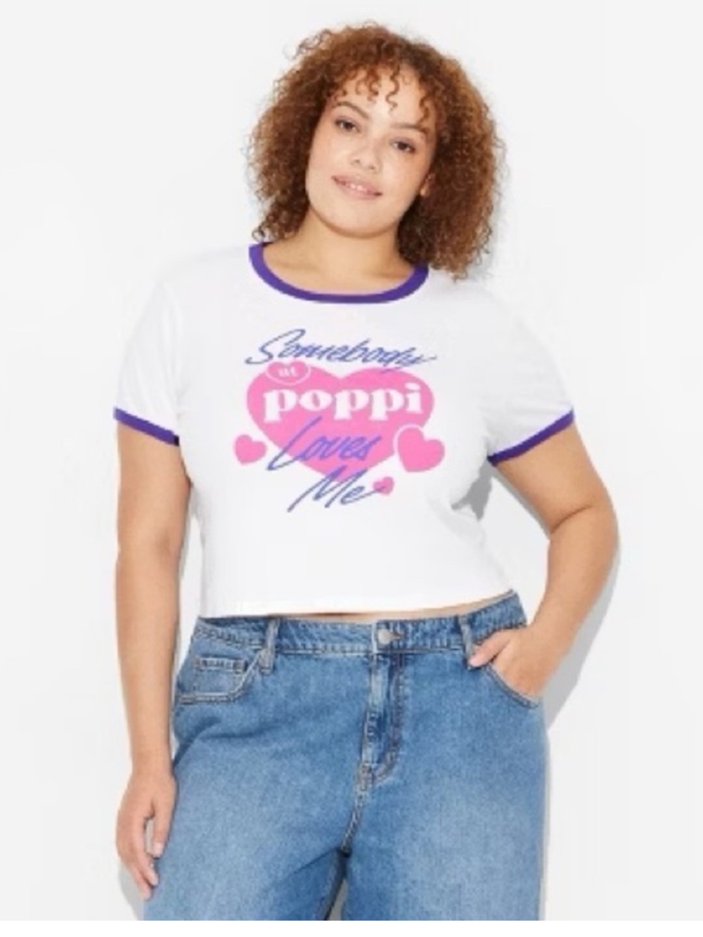 poppi White Short-Sleeve Ringer Tee with Pink Heart Graphic